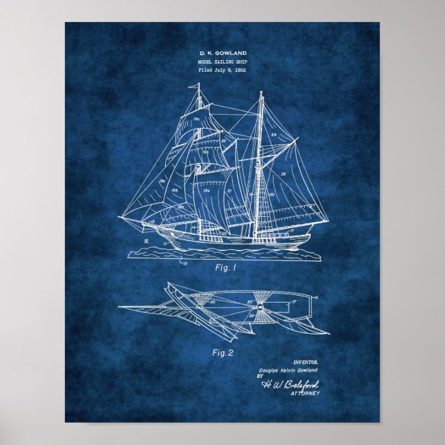 Model Sailboat Blueprint #2 Nautical Decor (Front)