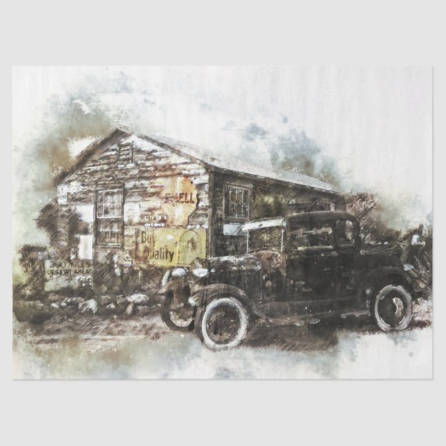 Model T & Barn Vintage 20x30  Decoupage Tissue Paper (Front)