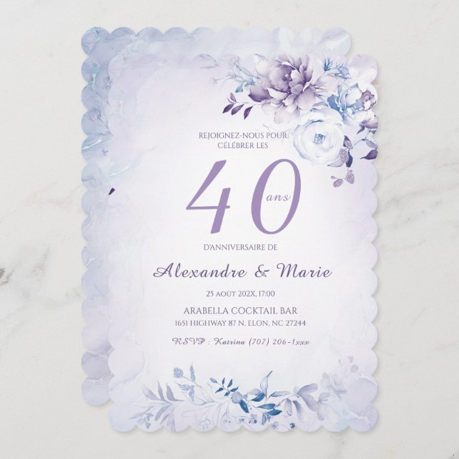 Modèle Anniversaire 40 ans Couleur Lavande Invitation (Front/Back)