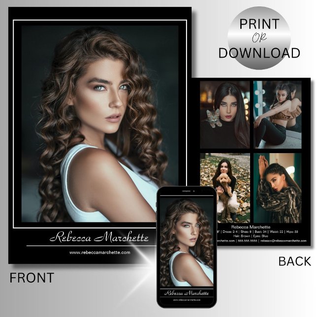 Modelling Photo Card Print Download | 5 Photos ZED (Customize this double-sided model comp card with your name, stats, contact info, and five photos)