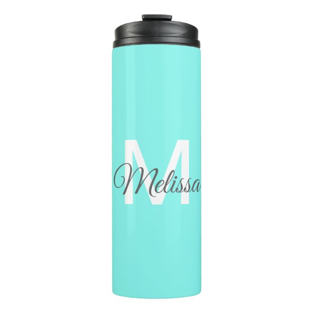 moder chic minimalist monogram turquoise aqua blue thermal tumbler (Front)