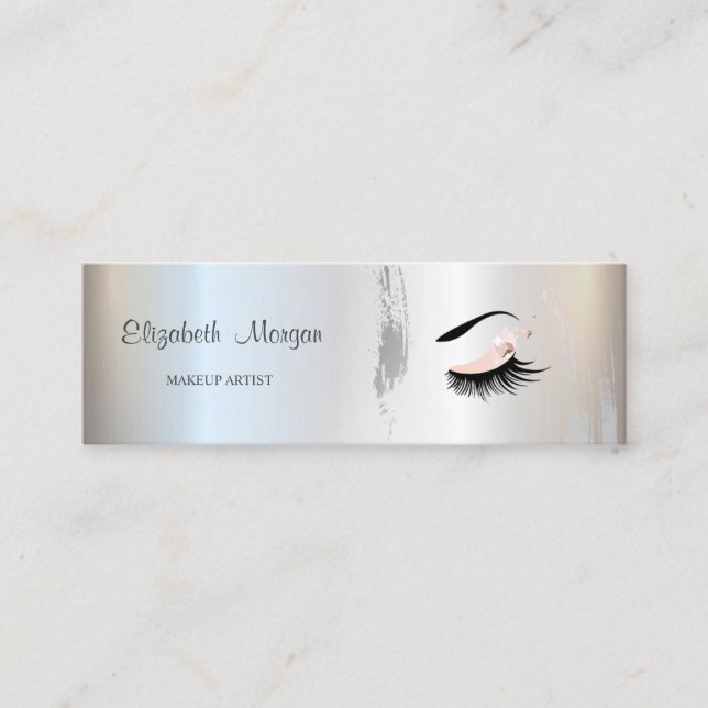 Moder Elegant, Silver Brush Stroke, Lashes, Makeup Mini Business Card (Front)