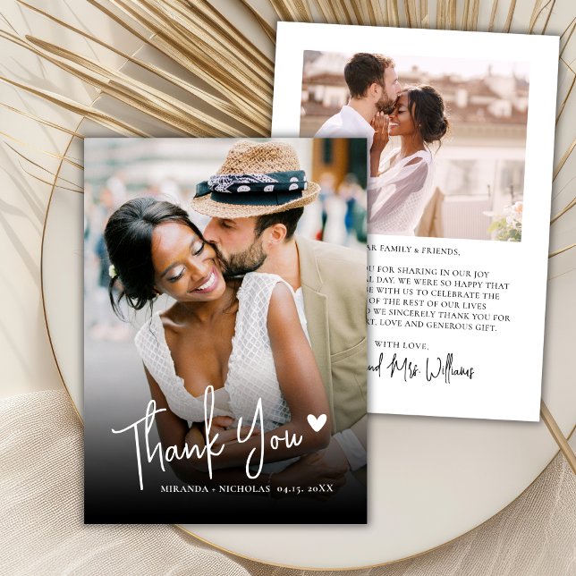 Moder Heart Script 2 Photo Wedding Thank You Card (Creator Uploaded)