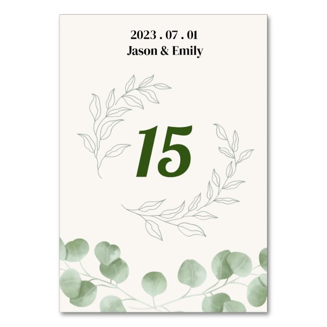 Moderate Green Table Card Number For Wedding (Front)