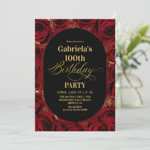 Modern 100th Birthday Elegant Black Gold Floral Invitation