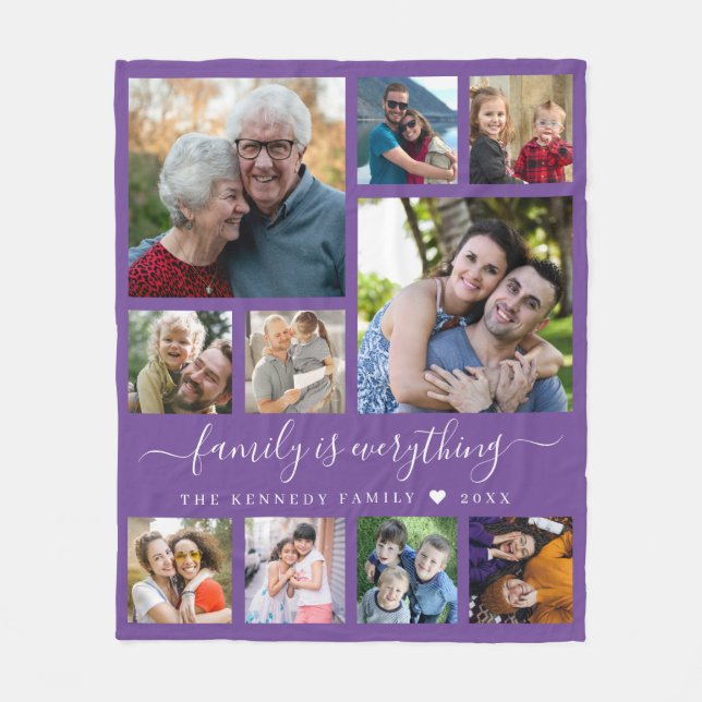 Modern 10 Photo Collage Family Name Quote  Purple Fleece Blanket (Front)