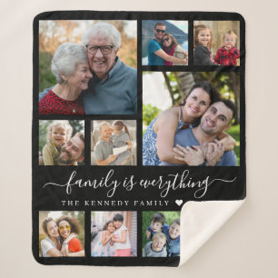 Modern 10 Photo Collage Quote Family Name Black Sherpa Blanket