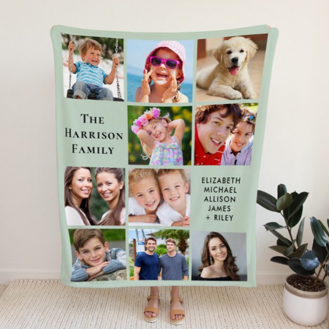 Modern 10 Photo Collage Sage Green Fleece Blanket (Creator Uploaded)