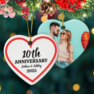 Modern 10th Anniversary Custom Photo Red Heart Ceramic Ornament
