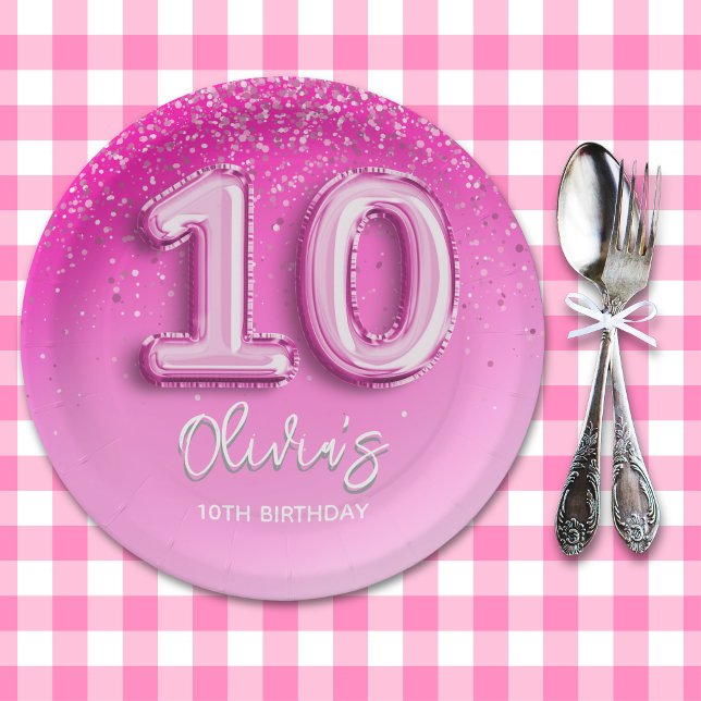 Modern 10th Birthday Girl Pink Number Balloon Paper Plate (Creator Uploaded)
