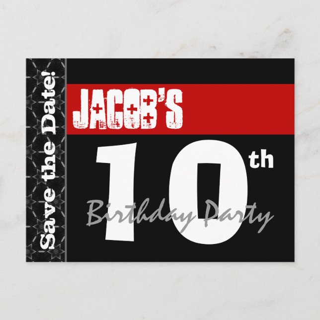 Modern 10th Birthday Save the Date Red Black V001 Announcement Postcard (Front)