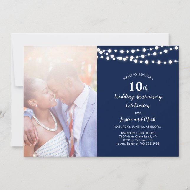 Modern 10th Wedding Anniversary Invitation - Navy (Front)