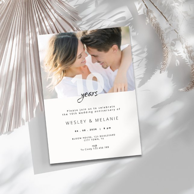 Modern 10th Wedding Anniversary with Photo  Invitation (modern 10th wedding anniversary invitation with photo)