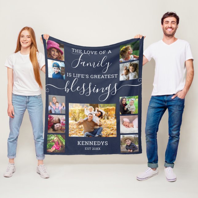 Modern 11 Photo Collage Family Love Quote Navy   Fleece Blanket (In Situ)