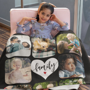 Modern 11 photo collage family script personalized fleece blanket
