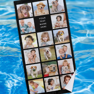 Modern 11 Photo Collage Personalised Black Beach Towel
