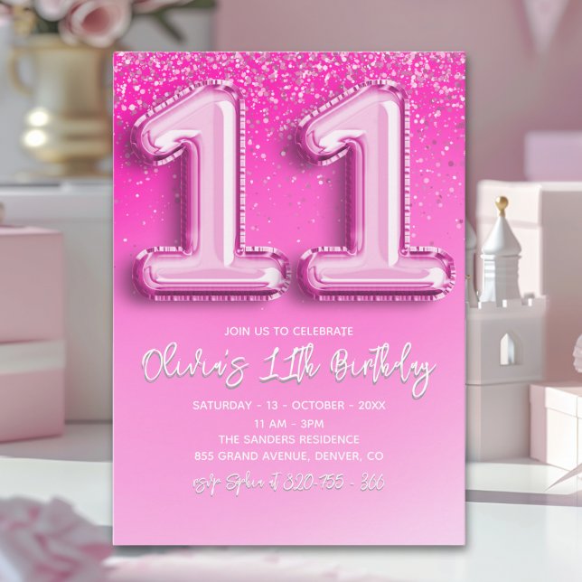 Modern 11th Birthday Girl with Pink Number Balloon Invitation (Creator Uploaded)