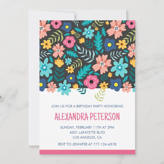 Modern 11th birthday invitations Floral Pattern (Front)