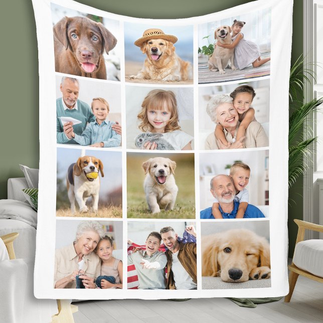 Modern 12 Photo Collage Custom Family Friends Pets Fleece Blanket (Creator Uploaded)