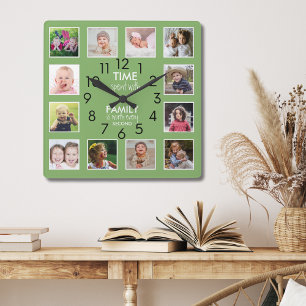 Modern 12 Photo Collage Family Time Quote Green Square Wall Clock