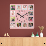 Modern 12 Photo Collage Family Time Quote Pink Square Wall Clock<br><div class="desc">"Add a modern touch to your home decor with a Powder Pink photo collage clock showcasing a loving family quote. Personalise it with 12 treasured family photos for a one-of-a-kind timepiece that will brighten up your space. Make every moment count with this inspirational addition to your home."</div>