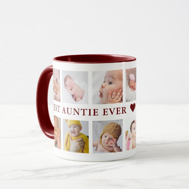 Modern 12 Photo Collage Maroon Best Auntie Ever Mug (Front Left)
