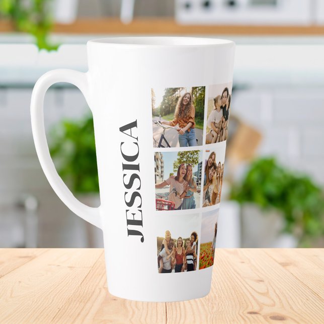 Modern 12 Photo Collage Monogram Name Latte Mug (Creator Uploaded)