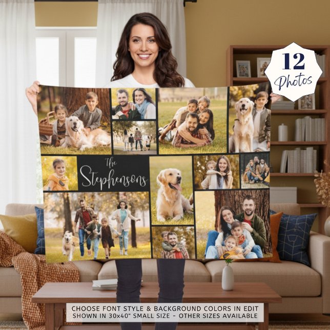 Modern 12 Photo Collage Script Family Name Fleece Blanket (Creator Uploaded)