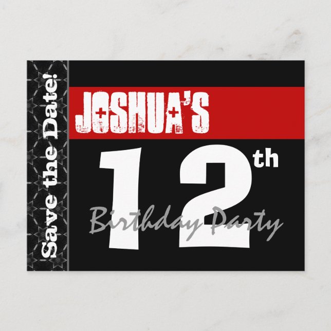 Modern 12th Birthday Save the Date Red Black V003 Announcement Postcard (Front)