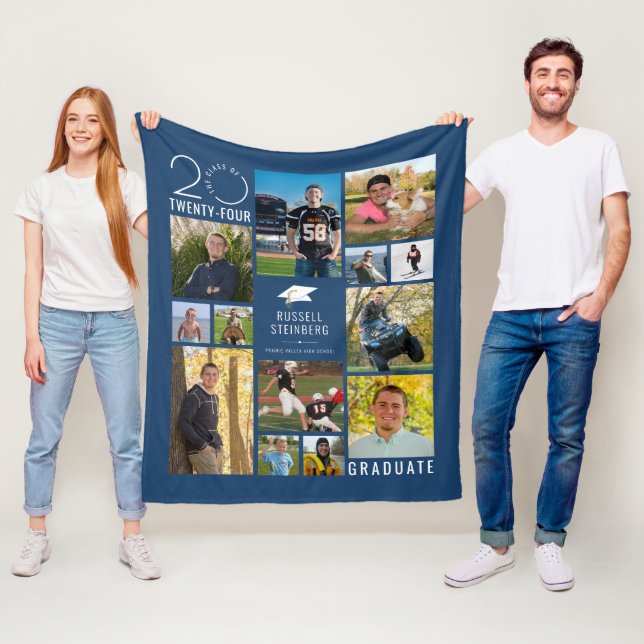 Modern 13 Photo Collage Class Year Custom Colour Fleece Blanket (In Situ)