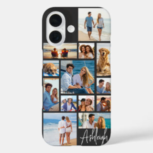 Modern 13 Photo Collage Handwritten Name iPhone 16 Case