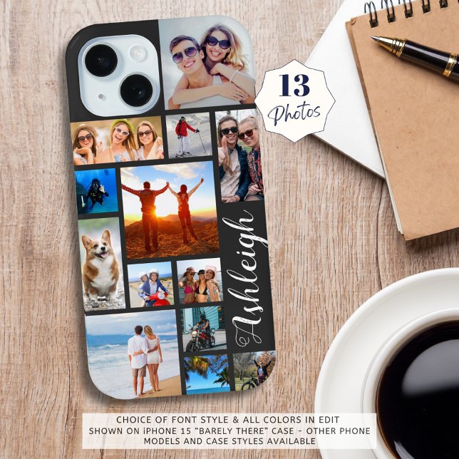 Modern 13 Photo Collage Script Name Custom Colour Case-Mate iPhone Case (Creator Uploaded)