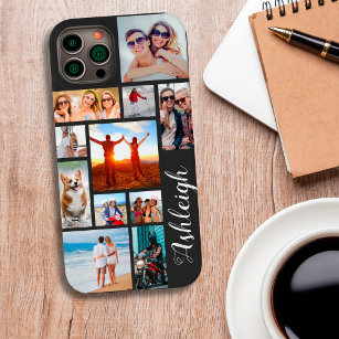 Modern 13 Photo Collage Script Name Custom Colour iPhone 15 Mini Case