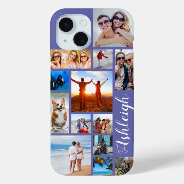 Modern 13 Photo Collage Script Name Custom Colour Case-Mate iPhone Case (Back)