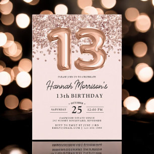 Modern 13th Birthday Rose Gold Balloons Party  Invitation