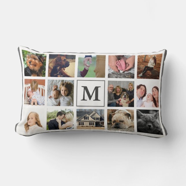Modern 14 Photo Monogram & Family Name Lumbar Cushion (Front)