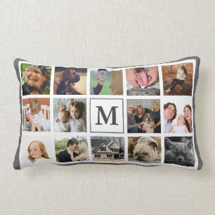 Modern 14 Photo Monogram & Family Name Lumbar Cushion