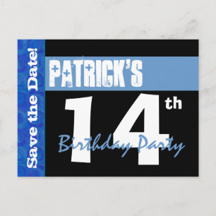 Modern 14th Birthday Save the Date Black Blue V14A Announcement Postcard