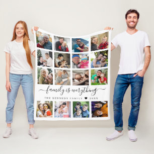 Modern 16 Photo Collage Quote Family Name Fleece Blanket