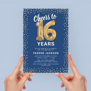 Modern 16th Birthday Blue Gold Invitation