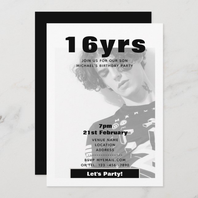 Modern 16th Birthday PHOTO Invite Black White (Front/Back)