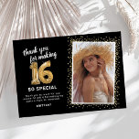 Modern 16th Birthday Photo Thank You Card<br><div class="desc">Elegant 16th birthday party thank you cards featuring a stylish black background that can be changed to any colour,  a photo of the birthday girl / boy,  gold sparkly glitter,  sixteen gold hellium balloons,  and a modern thank you template that is easy to personalise.</div>