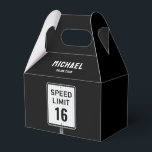 Modern 16th Birthday Speed Limit Sign Favour Box<br><div class="desc">Modern, bold birthday party theme featuring a black-and-white speed-limit road sign design. Perfect for a 16th birthday or any milestone age. Fully customizable with your event details and age. A stylish, contemporary choice for teen celebrations with a cool, grown-up feel. Please check the matching collection for COORDINATING ITEMS. Original artworks...</div>