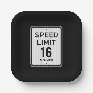 Modern 16th Birthday Speed Sign Paper Plate
