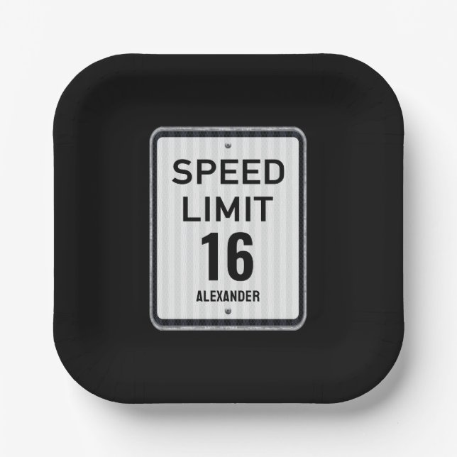 Modern 16th Birthday Speed Sign Paper Plate (Front)