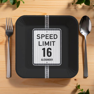 Modern 16th Birthday Speed Sign Paper Plate