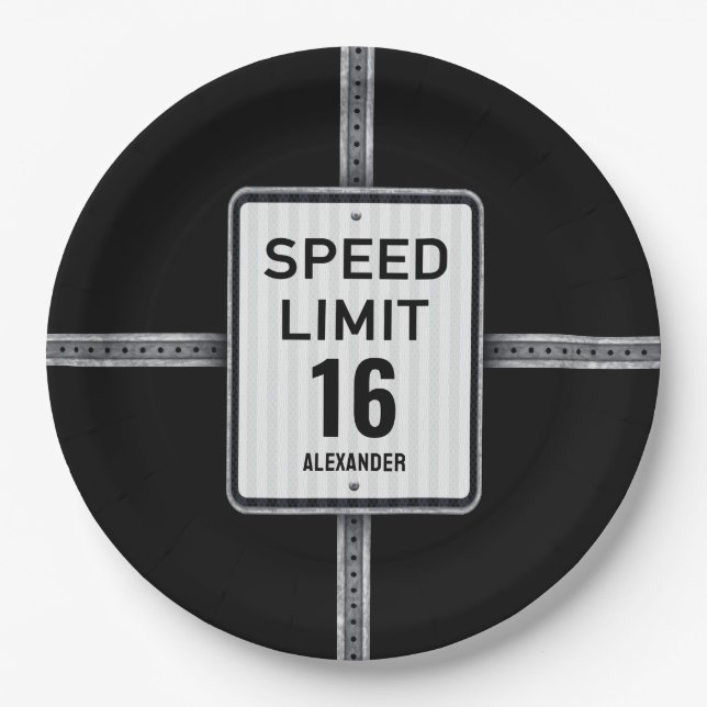 Modern 16th Birthday Speed Sign Paper Plate (Front)