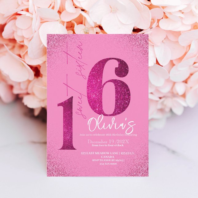 Modern 16th Birthday Sweet Sixteen Pink Glitter Invitation (Creator Uploaded)
