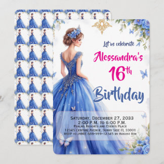 Modern 16th Blue Gown Floral Elegant Birthday  Invitation