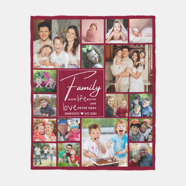 Modern 17 Photo Collage Family Name Quote Burgundy Fleece Blanket (Front)